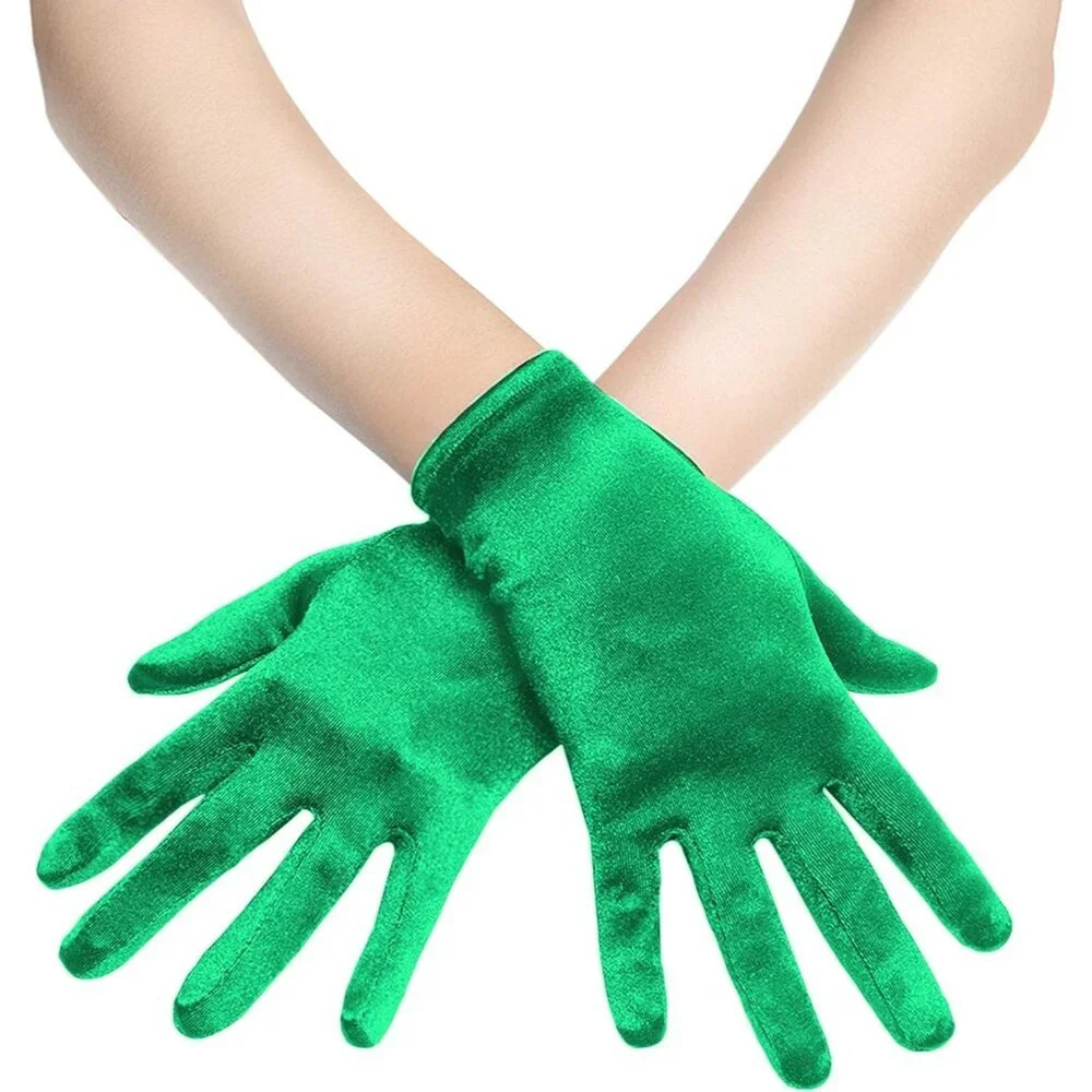 Women's Short Green Satin Silk Gloves Banquet Wedding Party Costume Accessories